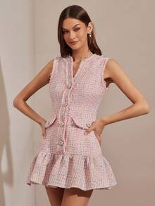 Romantic Pink Floral Tweed Dress With Tassels And Delicate Pearl Button Embellishments Is A Cute, Sleeveless Princess-Style Mini Dress Perfect For Autumn And Winter. Stylish And Elegant, It's Suitable For Parties, Dates, Holidays, Graduations, The Office, Outings, Halloween, Christmas, And Other Occasions. Also Suitable For Autumn Women's Wear, Autumn Outfits, Autumn Suits, Carnivals, And New Year's Women's Wear. - Pink - View 4