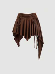 Sweetra Plus Size Women Asymmetrical Hem Cinched Waist Elegant Casual Minimalist A-Line Skirt, Autumn/Winter Fall - Brown - View 1