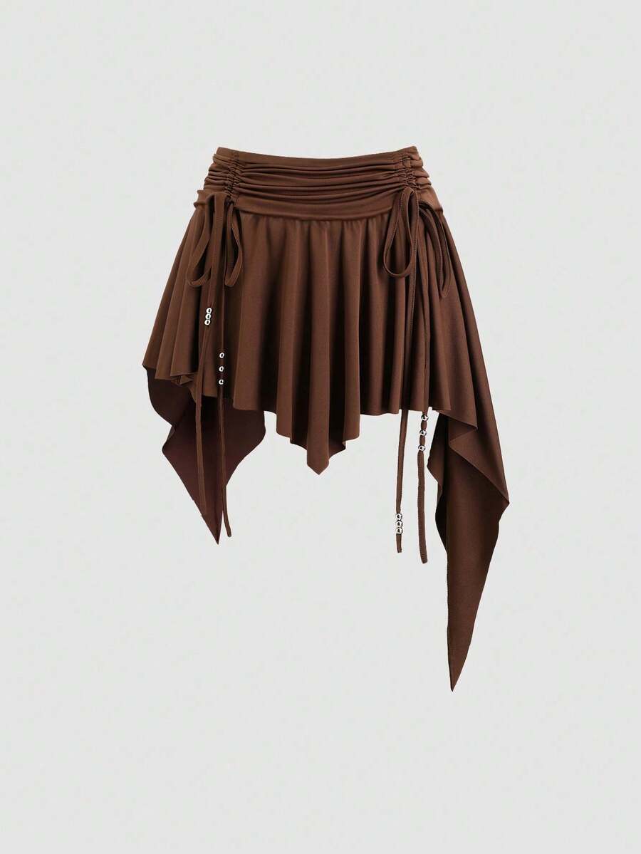 Sweetra Plus Size Women Asymmetrical Hem Cinched Waist Elegant Casual Minimalist A-Line Skirt, Autumn/Winter Fall - Brown - View 1