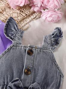 SHEIN Bộ áo liền quần denim xếp nếp cổ tròn tay dài màu trơn in hình trái tim cho bé gái - Màu tím - Xem 5
