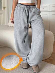 DAZY 女士格子拼接抽绳腰宽松保暖休闲裤，冬季款 - 灰色 - 查看 1