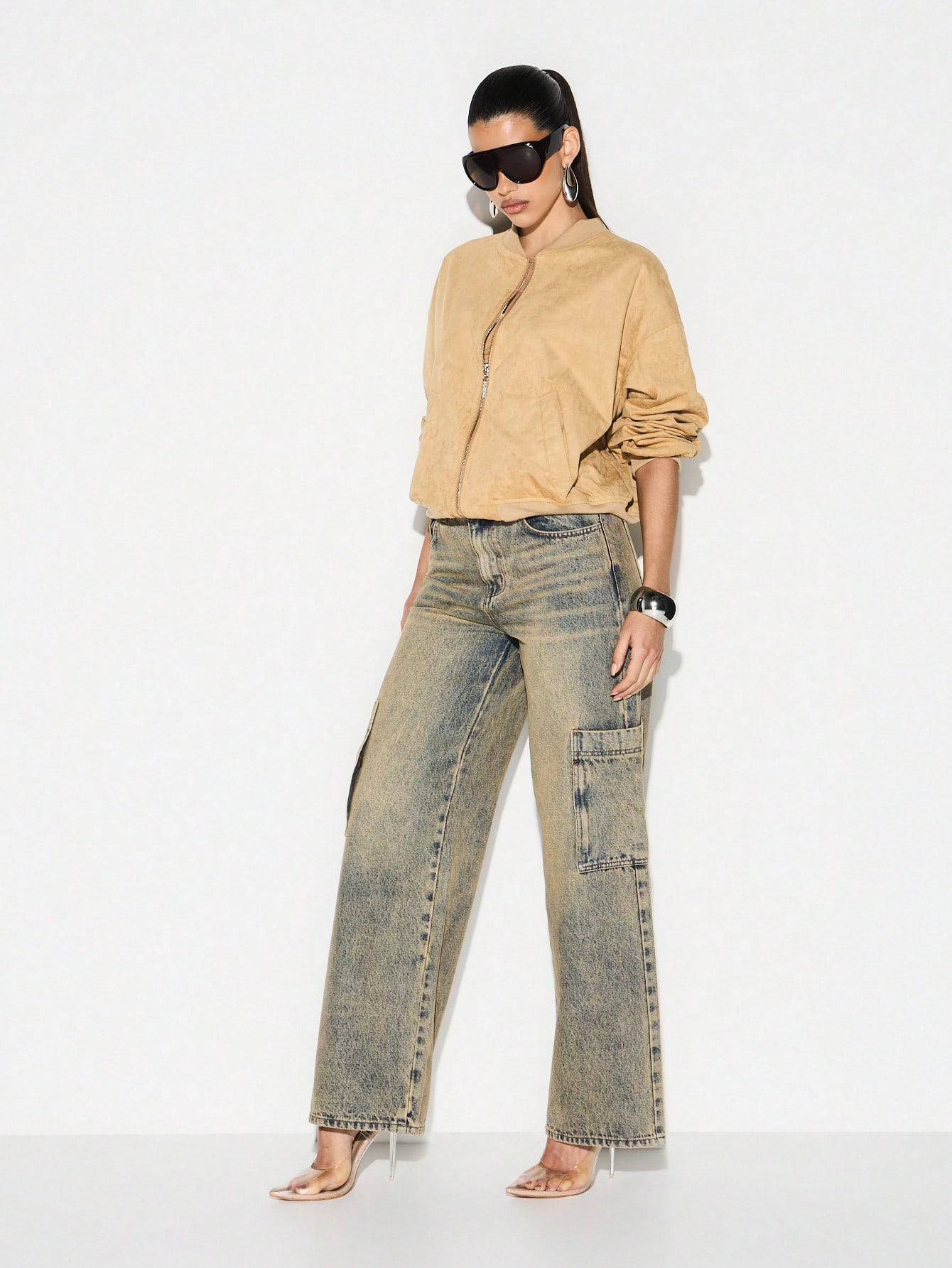 KIZN Oversized Faux Suede Bomber Jacket