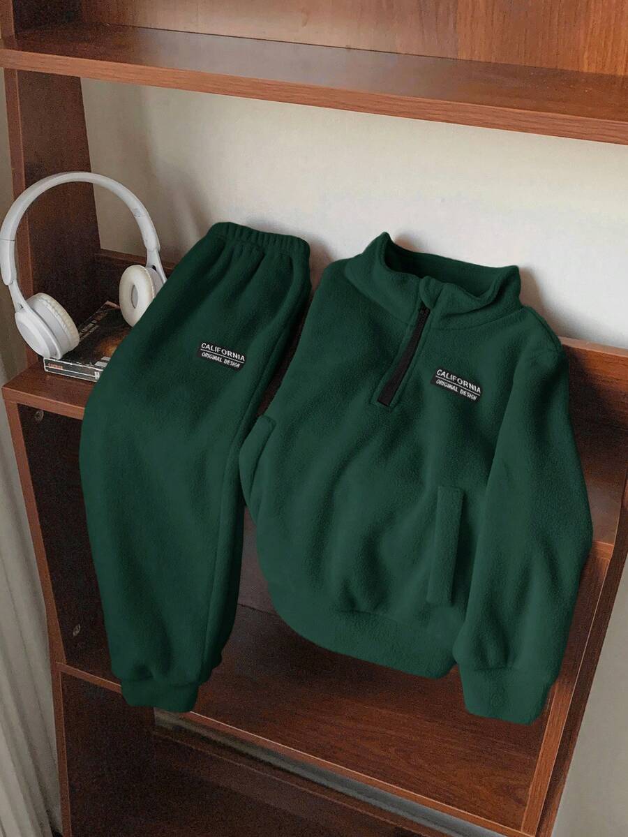 2 件套青少年男童羊毛领夹克和运动裤套装，适合通勤、上学、休闲、运动，可搭配男童外套、儿童外套、男童长袖衬衫、圣诞运动衫、圣诞裤、男童夹克、长袖衬衫 - 墨綠色 - 查看 1