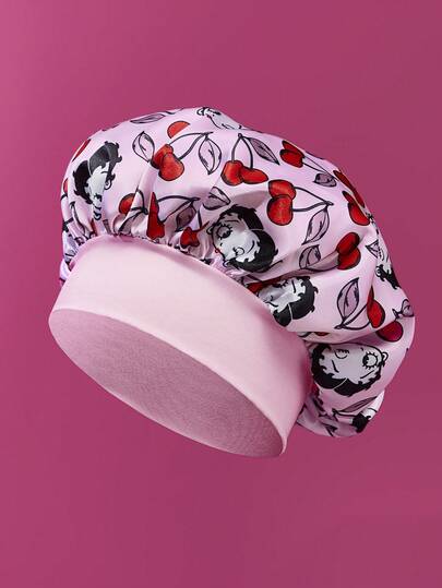 Betty Boop x SHEIN Upgraded Version Of Double-Layer Fabric, Hair Care Cap, Wide-Brimmed Elastic Satin Sleep Cap, Soft And Comfortable, Suitable For Daily Home Sleep, Pink Cherry,Gift Ideas,Party,Holiday,Valentine's Day