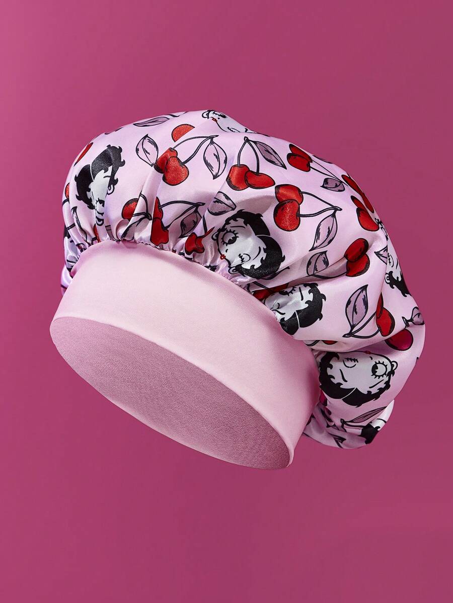 Betty Boop x SHEIN Phiên bản nâng cấp của mũ ngủ hai lớp, chăm sóc tóc, mũ ngủ satin co giãn vành rộng, mềm mại và thoải mái, thích hợp cho giấc ngủ hàng ngày ở nhà, màu hồng anh đào, ý tưởng quà tặng, tiệc tùng, ngày lễ, Ngày Valentine. - Hồng - Xem 1