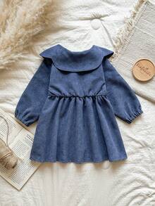 Vintaside Kids Vestito a maniche lunghe a forma di petalo con colletto a righe blu, stile fresco, dolce, elegante e generoso, adatto per uscite quotidiane, scuola, shopping, prime cerimonie di compleanno, tempo libero a casa, attività festive e partecipazione a matrimoni - Blu - Visualizzare 2