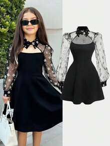 SHEIN Tween Girls Dresses Fitted Casual Minimalist Cozy Round Neck Drop Shoulder A-Line Midi Dress - Black - View 2