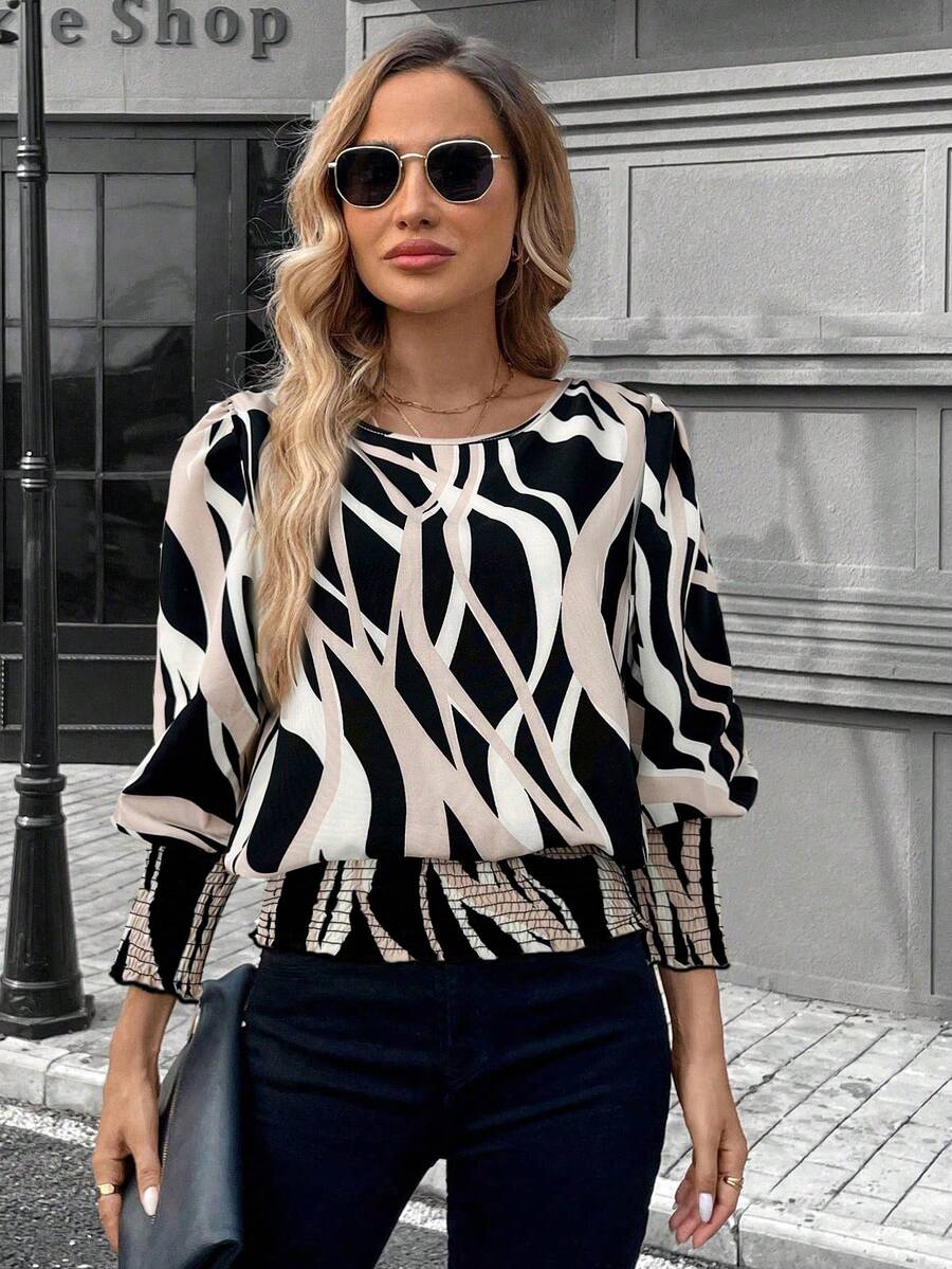 SHEIN LUNE 复古豹纹印花休闲通勤女式衬衫，圆领，泡泡袖，褶皱下摆 - 彩色 - 查看 1