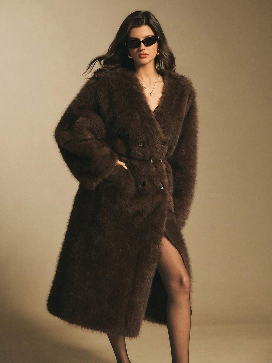 Poéselle Women's Solid Color Long Sleeve Double-Breasted Long Loose Casual Faux Fur Coat, Chocolate Brown Faux Fur Maxi Coat – Elegant Longline Winter Outerwear For Women, Holiday & New Year 2025 Statement, Cosy Winter Ideas, Baddie Street Style, Christmas Party Coat, Luxury For Women, , 70s , 70s Fashion - Brown - View 1