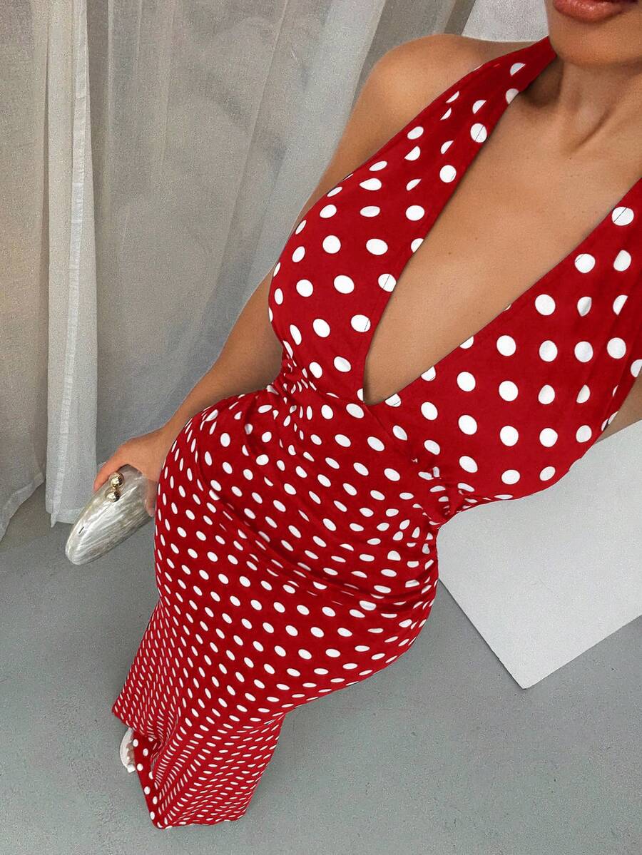 SHEIN SXY 女式性感深V领波尔卡圆点优雅吊带鱼尾下摆连衣裙 - 玫瑰紅 - 查看 1