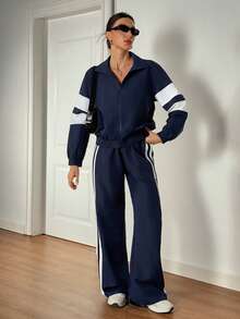 SHEIN Tall 新款休闲运动街头立领拉链长袖露肩外套+直筒阔腿裤玫紫色配白黑织带女两件套A - 藏蓝色 - 查看 7