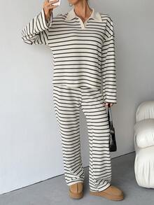 Conjunto de 2 piezas para mujer con camiseta de manga larga de hombros caídos y cuello en V a rayas holgada y pantalones a rayas con cintura elástica, traje de suéter de invierno, otoño/invierno - Blanco y Negro - Ver 3