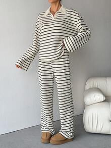 Conjunto de 2 piezas para mujer con camiseta de manga larga de hombros caídos y cuello en V a rayas holgada y pantalones a rayas con cintura elástica, traje de suéter de invierno, otoño/invierno - Blanco y Negro - Ver 4