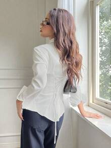 SHEIN EZwear 女式休闲复古风格真刺绣可爱黑色蝴蝶结图案前扣后系腰修身长袖衬衫，百搭秋冬 - 彩色 - 查看 4