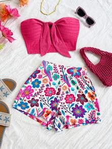 Soleia 2 件套女式黑白条纹编织抹胸短款上衣和高腰短裤套装，适合度假、约会、下午茶、海滩、游轮、城市旅行、音乐节、波西米亚风格 - 彩色 - 查看 3