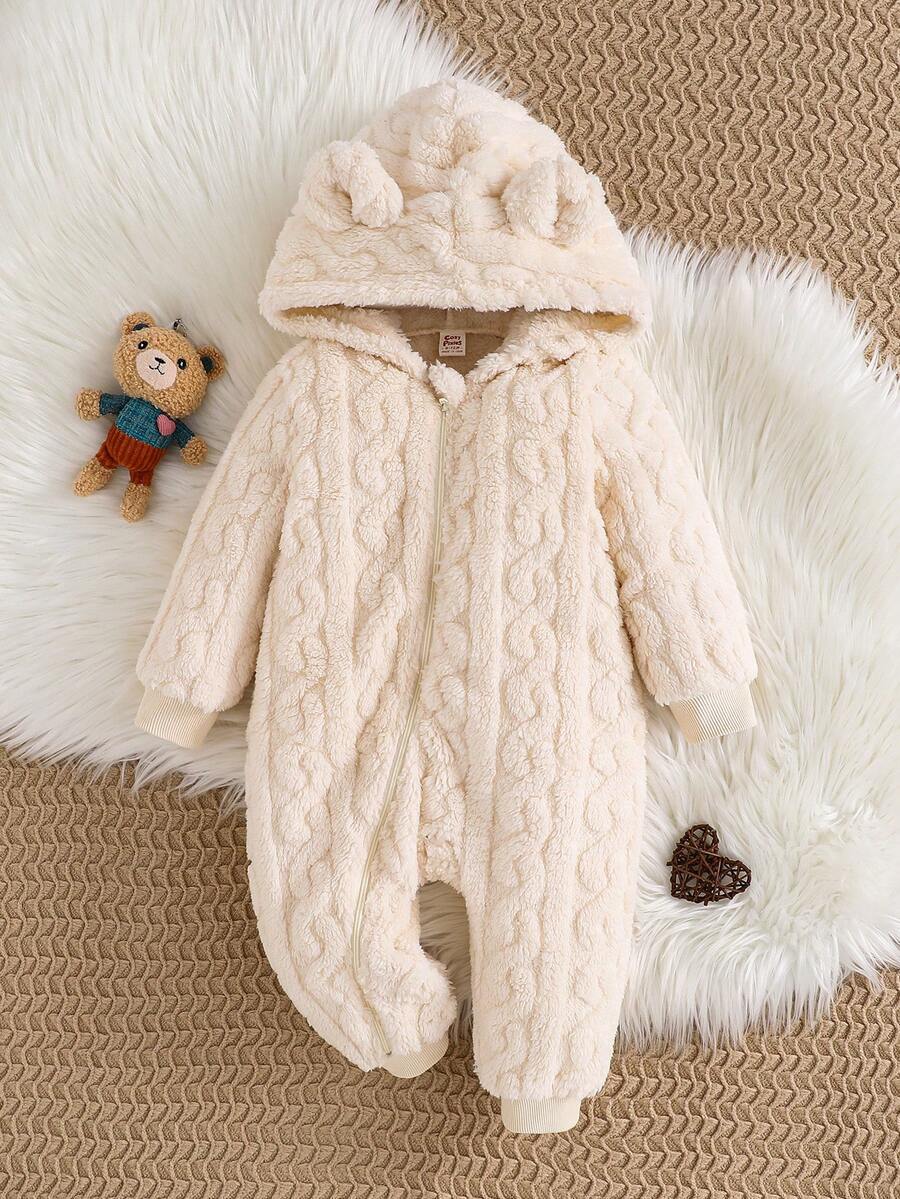 Cozy Pixies Baby Boy 3D Ear Solid Color Coral Fleece Long Sleeve Winter Jumpsuit - Apricot - View 1