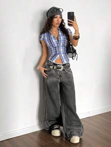 StreetHx Áo sơ mi tay lửng kẻ caro xanh dành cho nữ - Màu tím - Xem 5