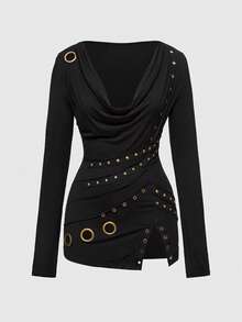 ROMWE Grunge Punk Áo thun tay dài ôm sát thiết kế cổ khoen kim loại Punk cổ điển xẻ tà sâu - màu đen - Xem 1