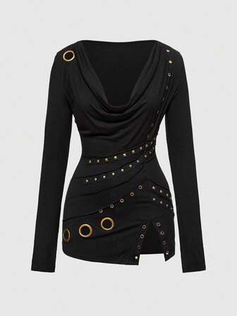 Grunge Punk Vintage Punk Metal Grommet Design Plunging Neckline Slit Hem Fitted Long Sleeve Top T-Shirt
