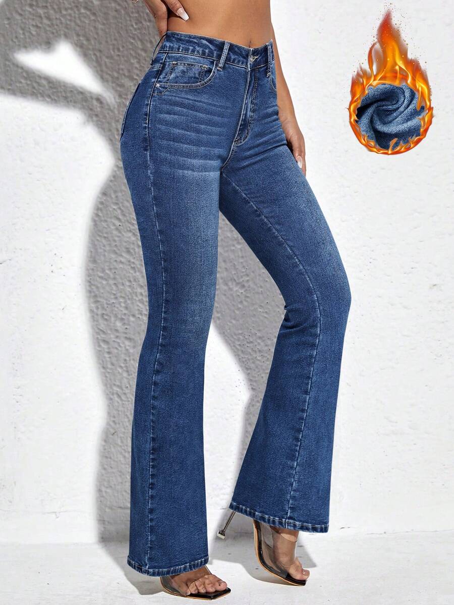 SHEIN PETITE Women's High Waist Pocketed Flare Casual Versatile Jeans - Medium Wash - View 1