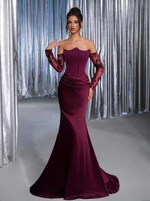 Glamrae Elegant Pink Strapless Asymmetric Neckline(Detachable)Luxurious Mesh Sequin Long Sleeve Ruched Satin Mermaid Tail Gown For Wedding Evening Party - Burgundy - View 7
