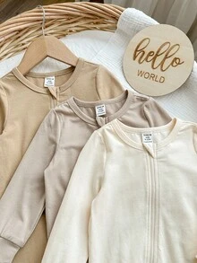 男宝宝可爱休闲针织长袖连体衣 - 杏色 - 查看 5