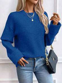 SHEIN LUNE Suéter holgado de cuello redondo con hombros caídos y puños acanalados para mujer - azul real - Ver 6