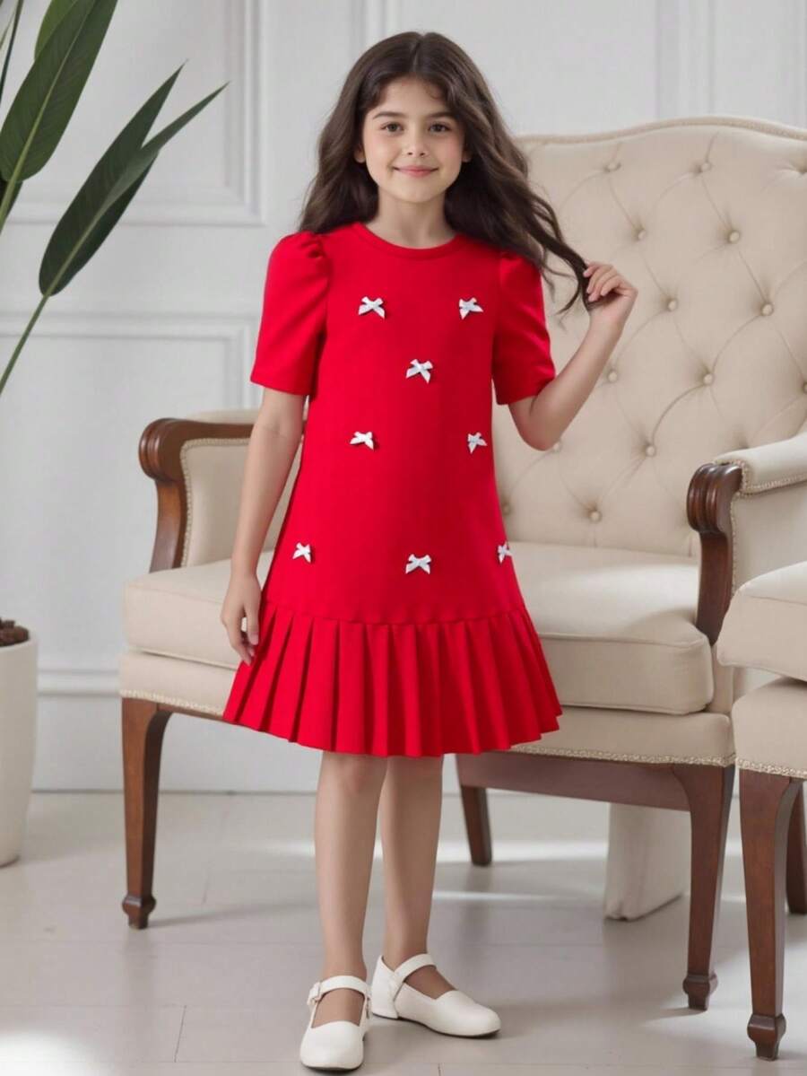 1pc Tween Girls' 3D Bow Decor Short Sleeve Pleated Dress, Loose Fit, Spring/Summer,Holiday,Summer,Travel - Red - View 1