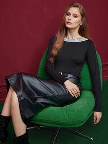 Maija Women's Elegant Rhinestone Embellished Long Sleeve Fitted T-Shirt, Spring/Autumn