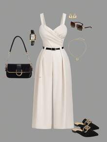 SHEIN MOD Combinaison grande taille style cache-cœur abricot, combinaison avec ceinture décorative, combinaison élégante pour le travail - Nude - Voir 1