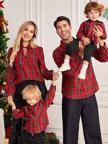 Baby Boy Red Plaid Long Sleeve Shirt,Autumn,Street Life Casual Graphic Street Fashion,Club,Comfortable Versatile Tops,Christmas,Family Matching Set - Red - View 7