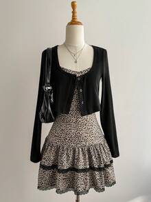 Elamini Bộ đồ hai mảnh họa tiết da báo đen hở lưng, ôm sát, viền xếp nếp, ren, chắp vá, áo crop top cài nút phía trước, thời trang thu đông cho nữ, dự tiệc đi làm, trang phục dạo phố thanh lịch, cổ điển, tốt nghiệp hàng ngày - Nhiều màu - Xem 3