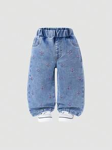 Infant Girls' Jeans, Toddler Girls' Casual Jeans With Cute Butterfly Applique And Embroidery Design, Mid-Waist Slim Fit Blue Denim Pants, Suitable For Infant, Jeans With Bow, Y2K Style Jeans, New Autumn/Winter 2025 - Blue - View 3