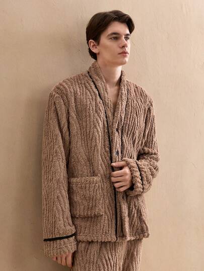 秋冬复古硬币休闲舒适家居珊瑚绒双面长款家庭聚会包边条纹撞色舒适上衣，蓬松柔软