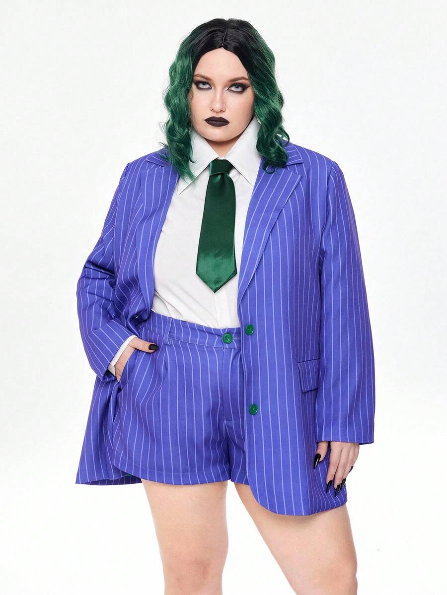 ROMWE Avant Plus Size Halloween COSPLAY Joker Suit Shorts Set With Tie, Costume Outfit - Black and White - View 1