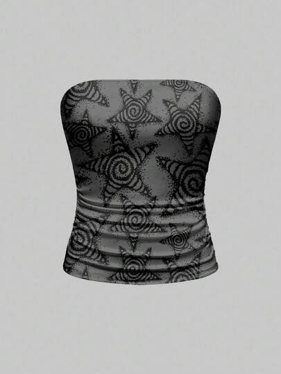 Grunge Punk ملابس علوية كامي قصير مطوي بطبعة نقاط وأنماط نجمية عتيقة بطراز بانك شيك للنساء