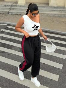 SHEIN EZwear Plus Size Casual Versatile Color Block Drawstring Sweatpants - Multicolor - View 4