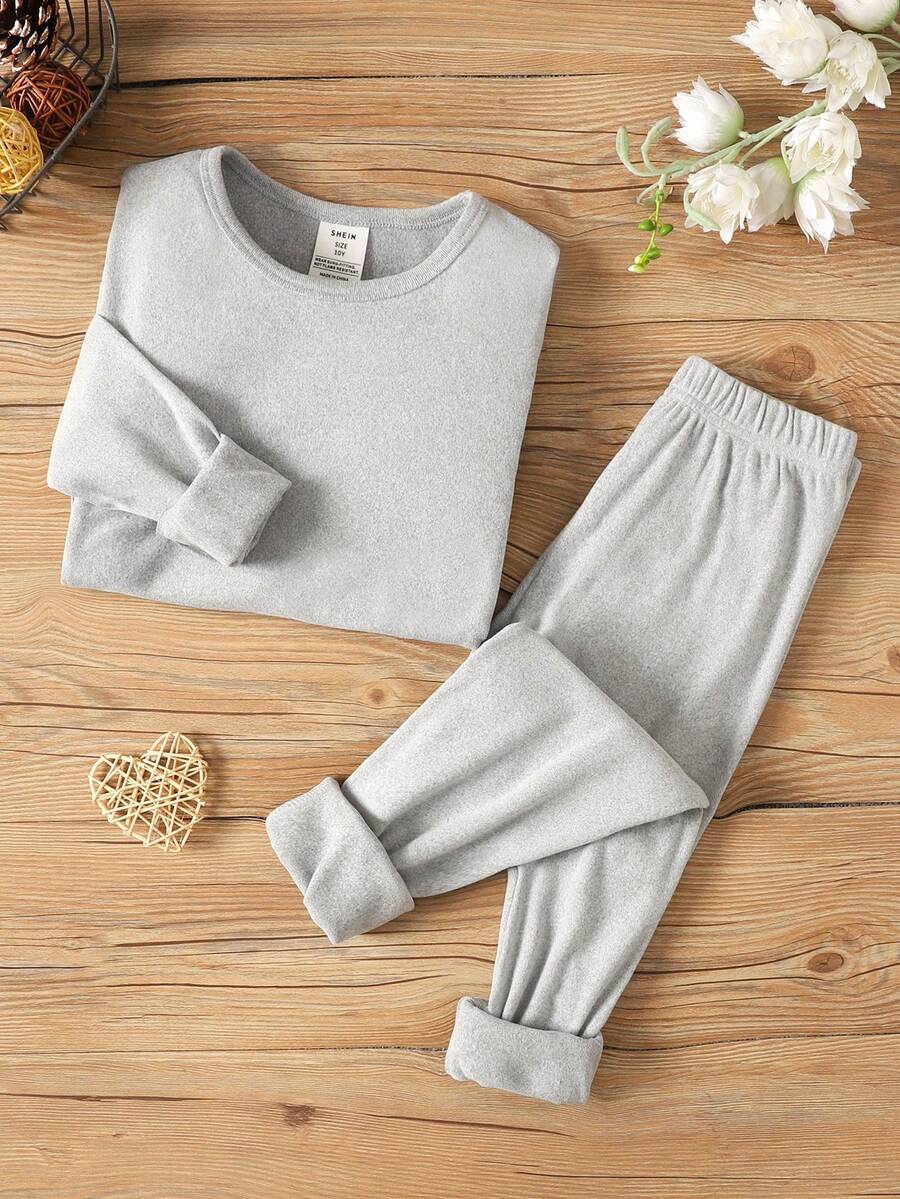 SHEIN 2件套少女休闲柔软保暖圆领长袖上衣和打底裤睡衣套装，浅灰色 - 淺灰色 - 查看 1
