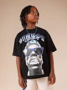 SUMWON Tween Boys Hip Hop Rapper Graphic Print Short Sleeve Cotton T-Shirt For Music Fans - Black - View 1