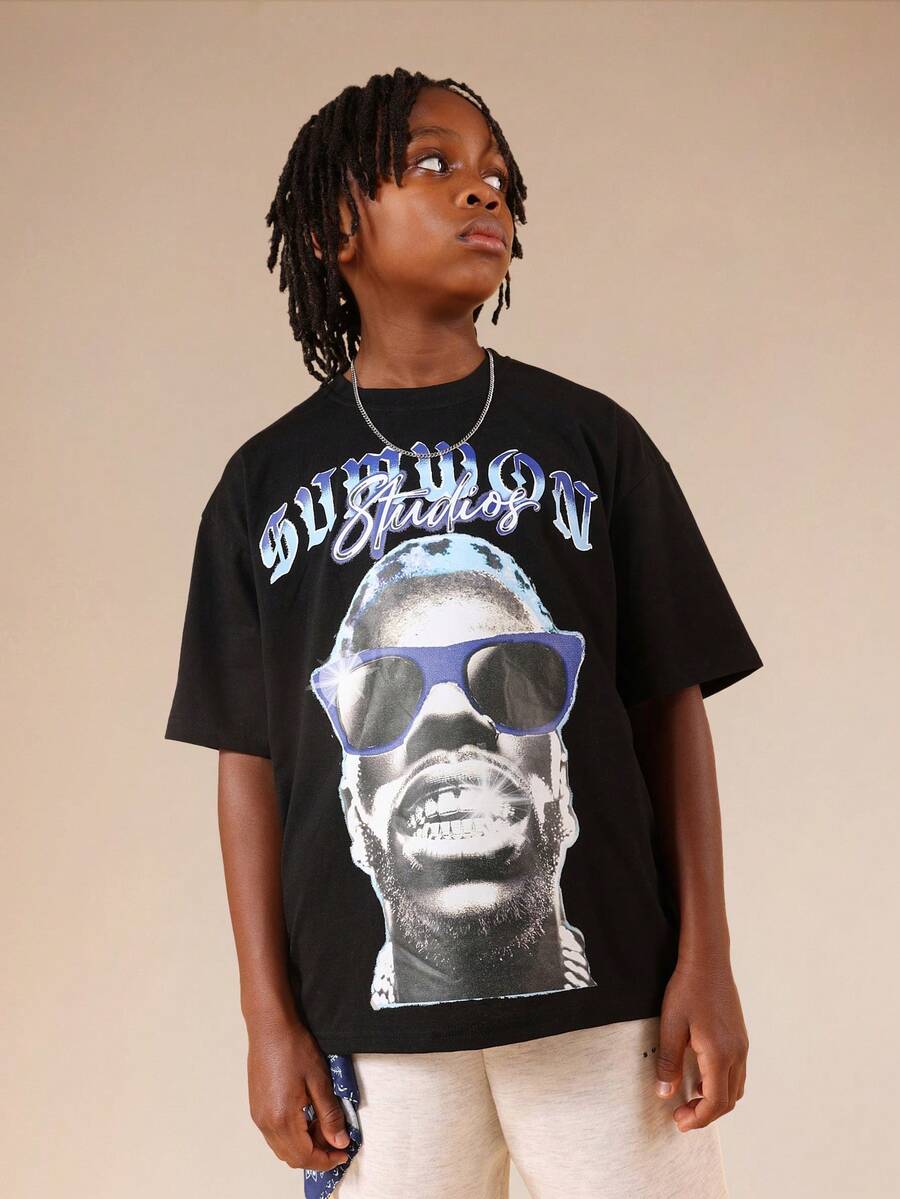 SUMWON Tween Boys Hip Hop Rapper Graphic Print Short Sleeve Cotton T-Shirt For Music Fans - Black - View 1