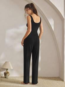 Ocili Comfortable Minimalist Sleeveless Pants Shell Button Pajama Set, Baby Pink Women Loungewear - Black - View 3