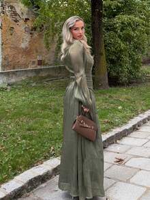 Jeta Ari 女士橄榄绿色长袖褶皱腰闪亮连衣裙，优雅百搭 - 橄欖綠 - 查看 4