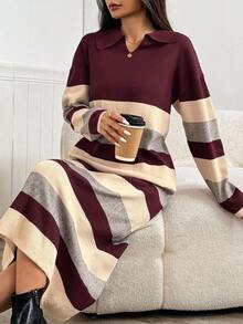 Mulvari 女士休闲宽松针织条纹连衣裙，翻领落肩，长袖，适合秋冬季 - 酒紅色 - 查看 2