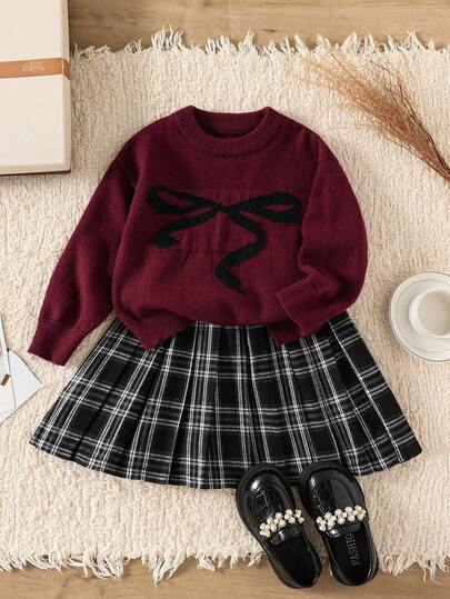 SHEIN Explorewe 女童针织毛衣和裙子套装，简约提花长袖蝴蝶结毛衣，A 字褶裙，可爱学院风装扮，适合假期和度假