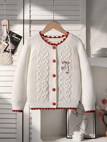 SHEIN Girls Cute Bow Embroidered Twist Rope Knit Cardigan, Long Sleeve Elegant Sweet Style Knitwear For Autumn/Winter - White - View 1