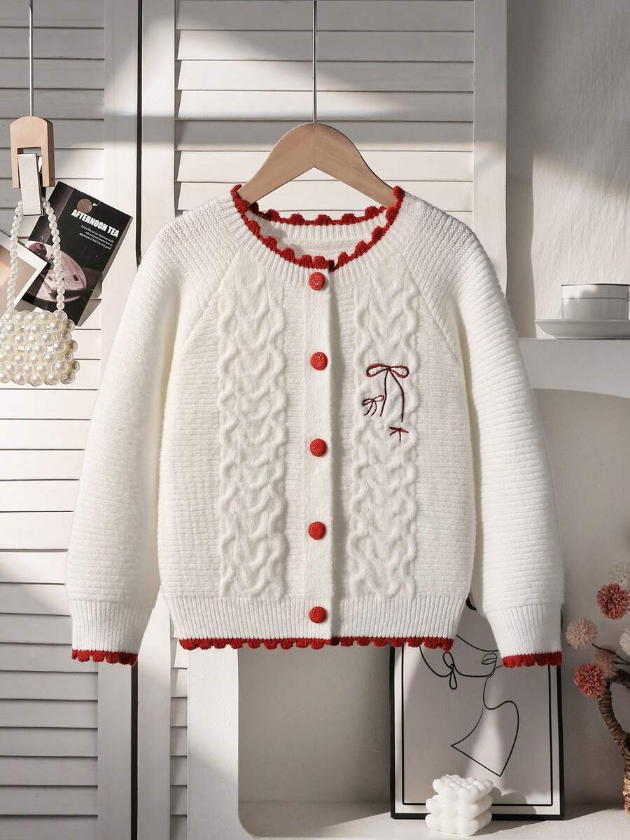 SHEIN Girls Cute Bow Embroidered Twist Rope Knit Cardigan, Long Sleeve Elegant Sweet Style Knitwear For Autumn/Winter - White - View 1