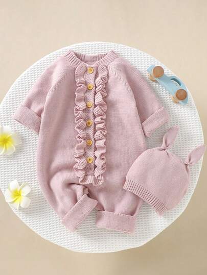 SHEIN Vintaside Kids Infant/Toddler Girls' Apricot Casual Ruffled Sweater Jumpsuit Knitted Baby Girl Clothes Newborn Ruffle Romper Natural Baby Clothes New Born Baby Sweater Romper Spanish Baby Clothes Knitted Baby Romper Baby Romper With Hat