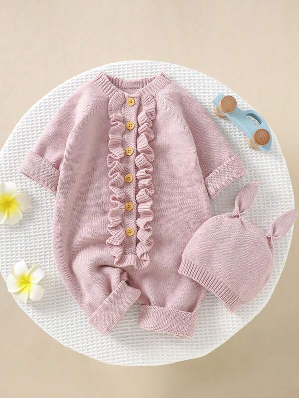 SHEIN Vintaside Kids Infant/Toddler Girls' Apricot Casual Ruffled Sweater Jumpsuit Knitted Baby Girl Clothes Newborn Ruffle Romper Natural Baby Clothes New Born Baby Sweater Romper Spanish Baby Clothes Knitted Baby Romper Baby Romper With Hat