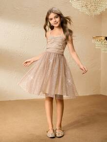 女童闪亮无袖连衣裙，后背蝴蝶结，公主薄纱裙，适合生日派对 - 卡其色 - 查看 4