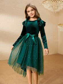 Váy nhung dài tay thanh lịch cho bé gái tuổi mới lớn, có eo thắt ngọc trai, chân váy lưới ngôi sao hai lớp, màu xanh ngọc lục bảo - Màu xanh lá cây đậm - Xem 7